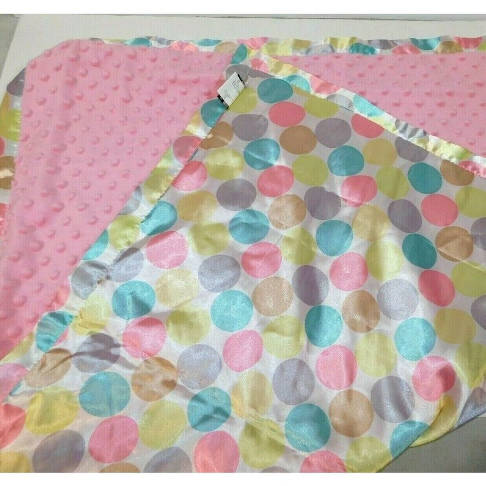 Blankets & Beyond Polk a Dot Circle Dots Baby Blanket Pink Minky Satin 36" X 30"